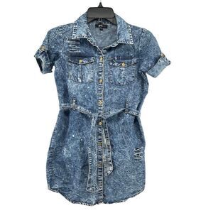 Girls Blue Acid Wash Distressed Button Front Belted Denim Shirt Dress Size 14/16